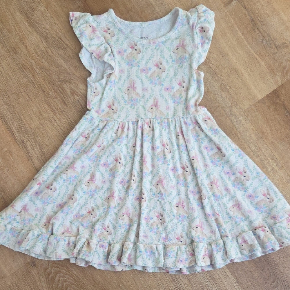 Posh Peanut Pastel Floral & Bunny Ruffle Dress, Size 5T-6T, Pointelle